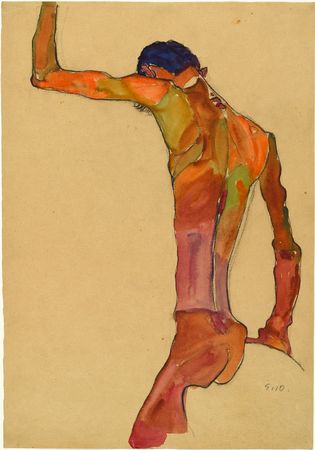 Egon Schiele „Stovintis nuogas vyras, iškėlęs ranką“. 1910 Egon SchieleStanding Male Nude with Arm Raised1910.jpg